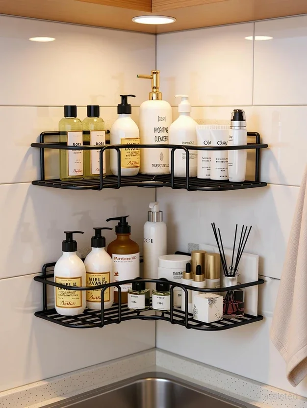 M Y Sticker Mounted Bathroom Corner/ Shelf/ Rack/ Storage Organizer लोहा वॉल शेल्फ