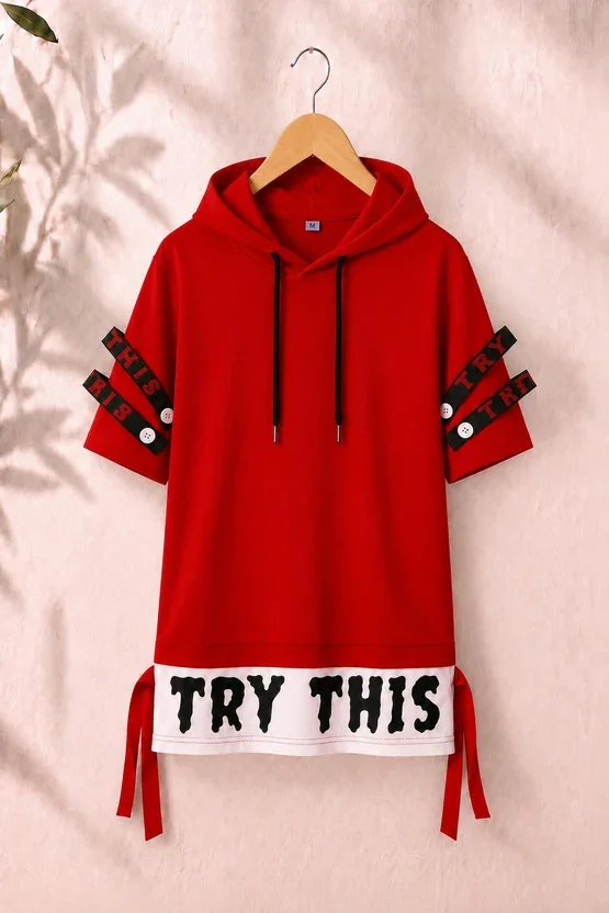 Try This Printed Men Hooded Neck Red T-Shirt