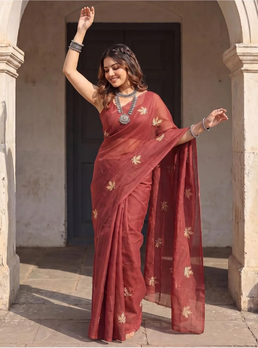 Women’s Maroon Kota Doria Cotton Embroidered Saree with Matching Blouse