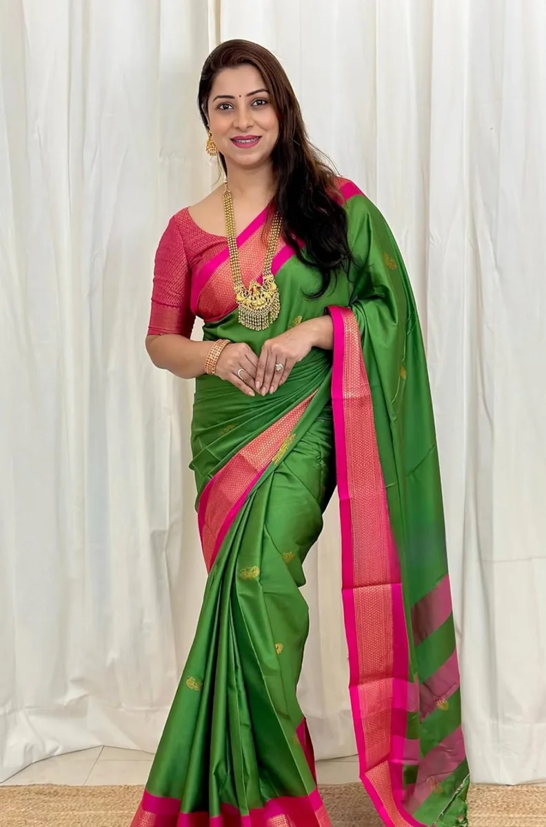 Women's Kanjivaram Soft Lichi Silk Saree With Blouse Piece (Green Pink)