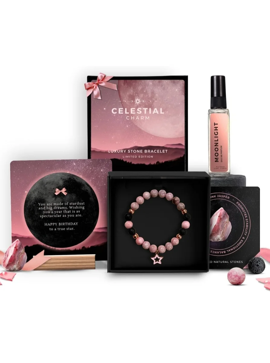 Celestial Charm Luxury Gift Set for Women – Natural Pink Jasper & Lava Stone Bracelet with Moonlight Perfume 10ml, Premium Jewellery Gift Box & Personalized Message Card