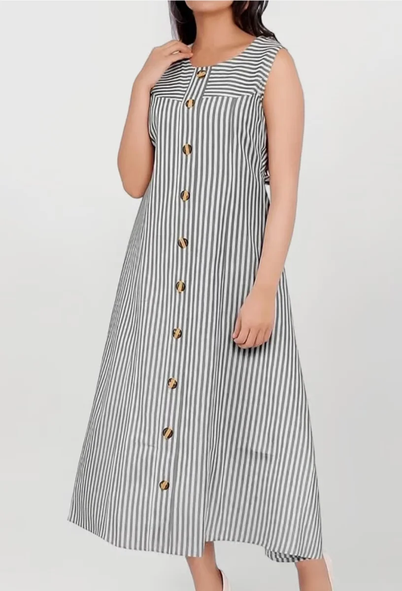 Women’s Grey & White Striped Cotton Button-Down Dress | Sleeveless A-Line Casual Maxi Dress
