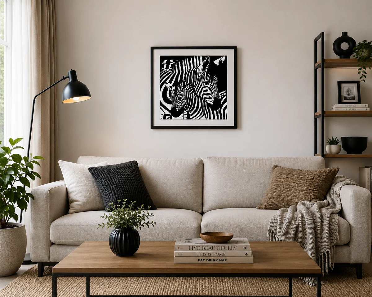 Zebra Harmony – Framed Art Print | Original Black & White Zebra Artwork | 16 × 16 Inch Wall Décor