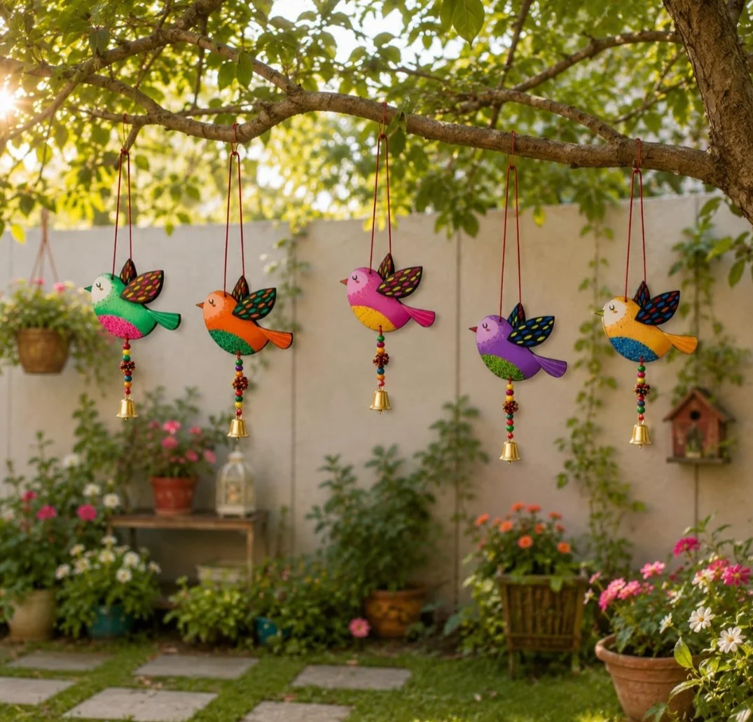 Handcrafted Colourful Bird Wall Hanging Set – 6 Pieces with Decorative Bells