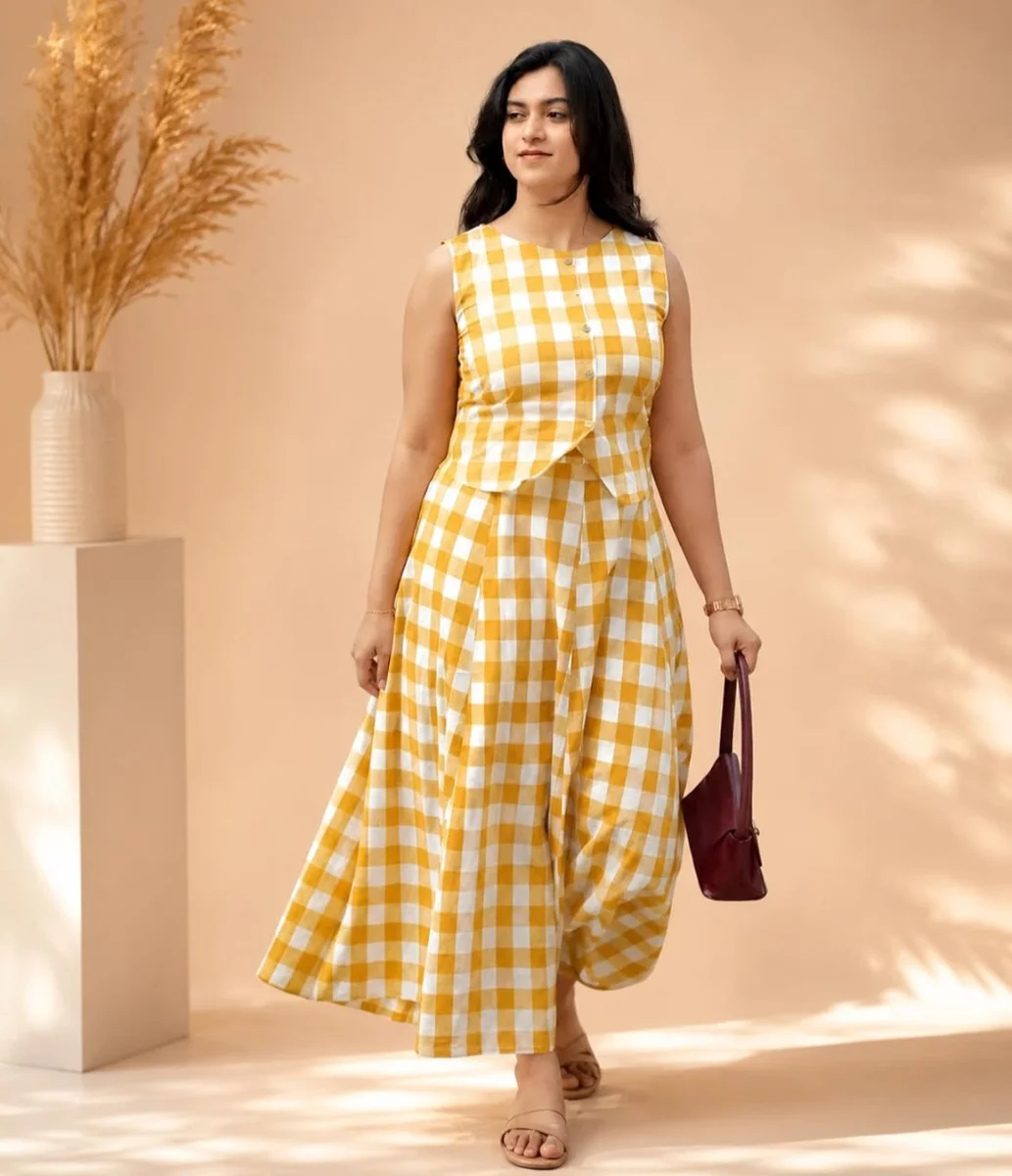 Women’s 100% Cotton Checkered A-Line Maxi Dress – Sleeveless Yellow & White