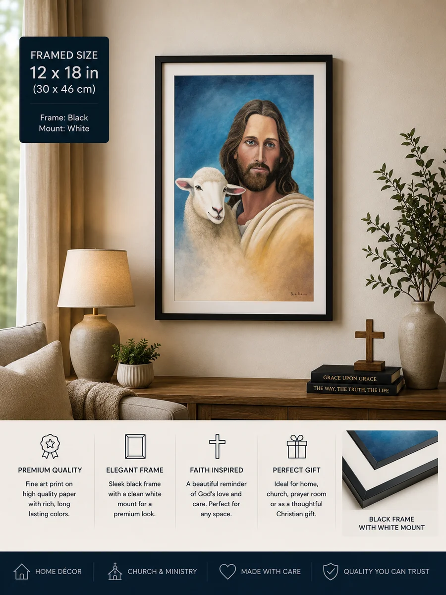 Jesus the Good Shepherd – Premium Framed Christian Wall Art | 12 × 18 Inches