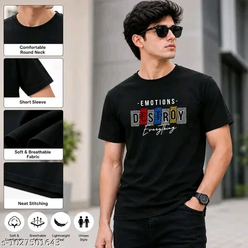 Black Color Men Graphic Typography Printed Round Neck Half Sleeve Cotton Blend T Shirt