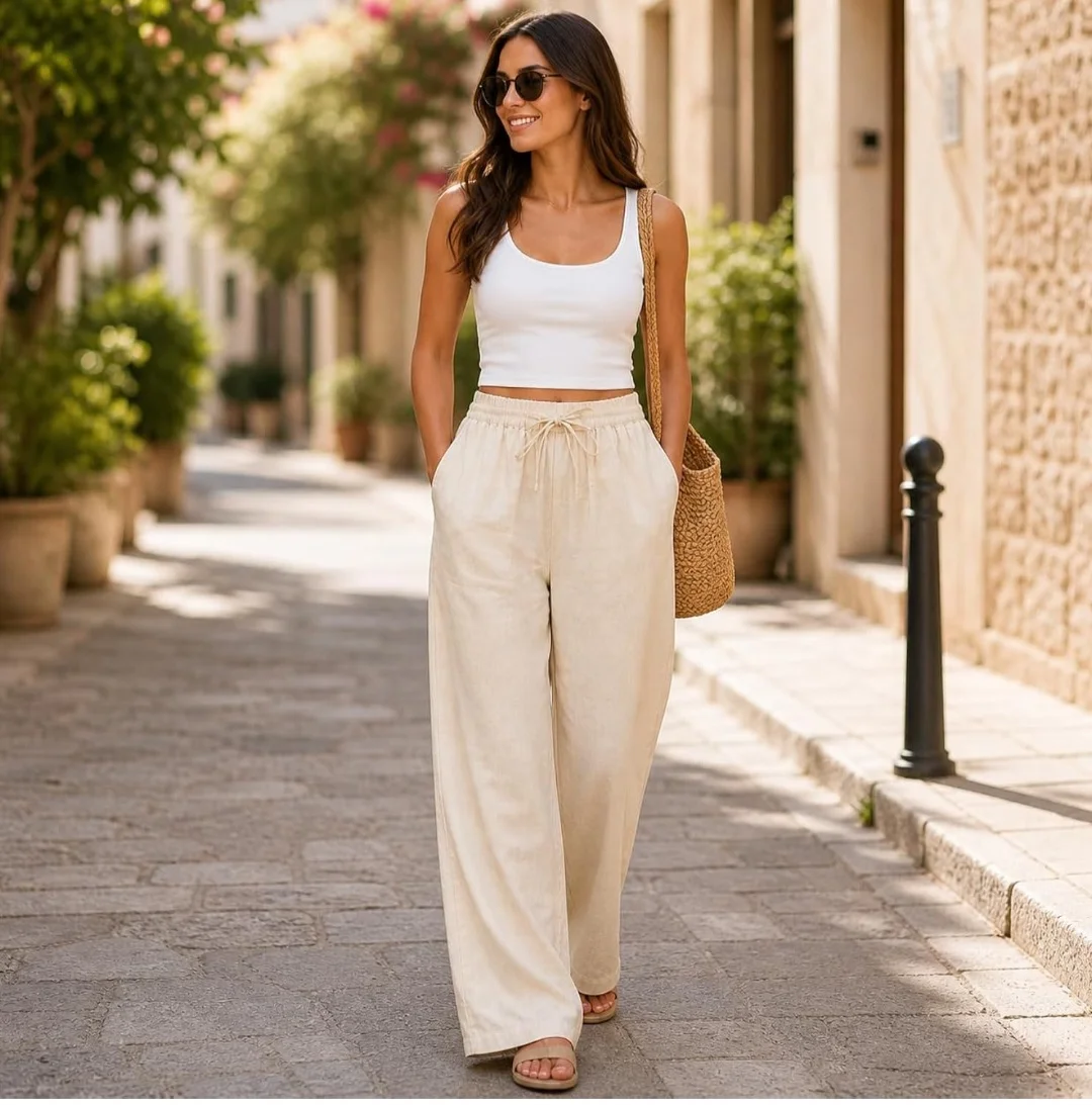 Women’s Beige Linen-Blend Wide-Leg Pants – Elastic Waist, Drawstring & Pockets