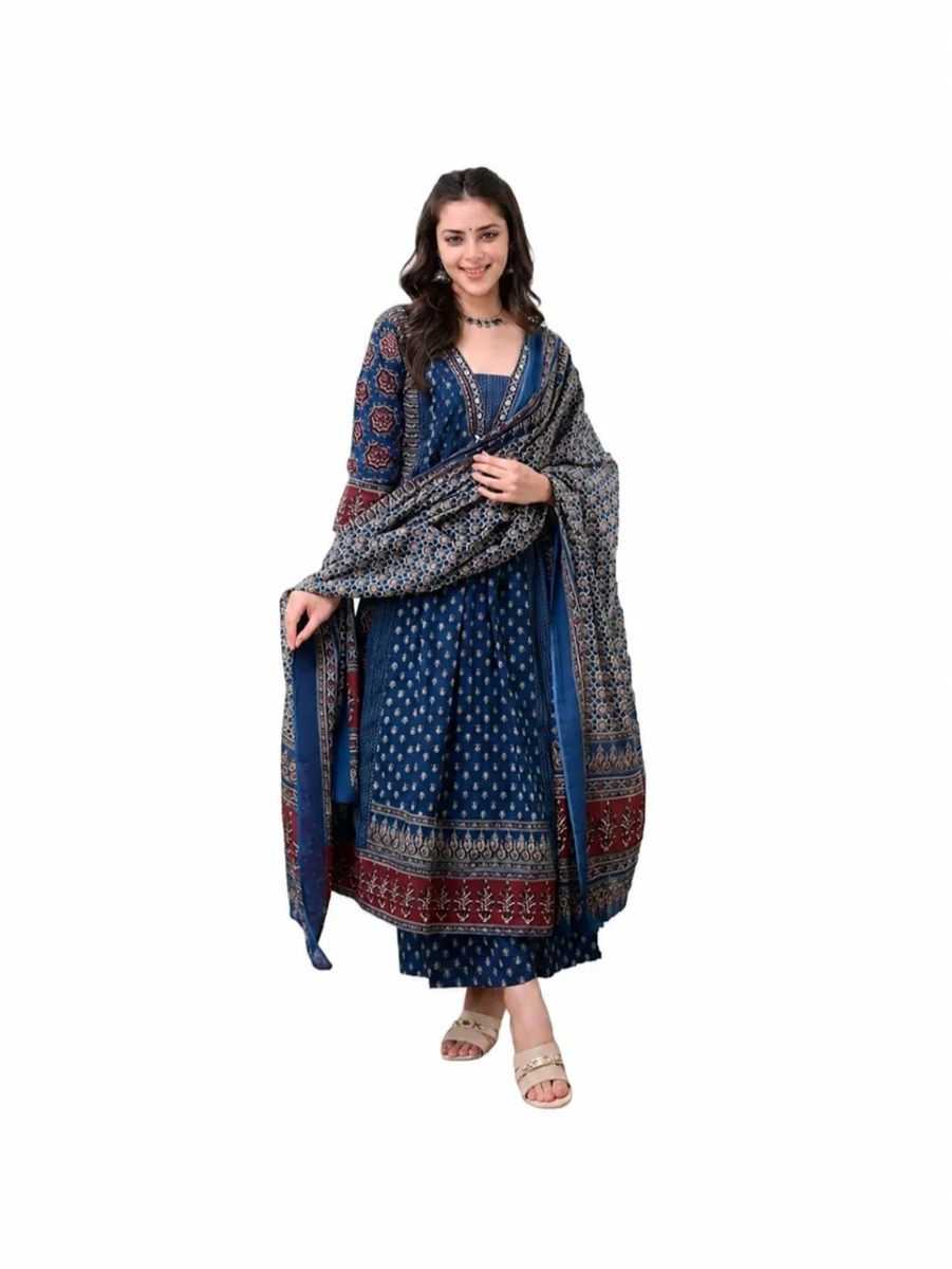 KLOSIA Women Printed Anarkali Kurta and Pant Set with Dupatta Teal Blue