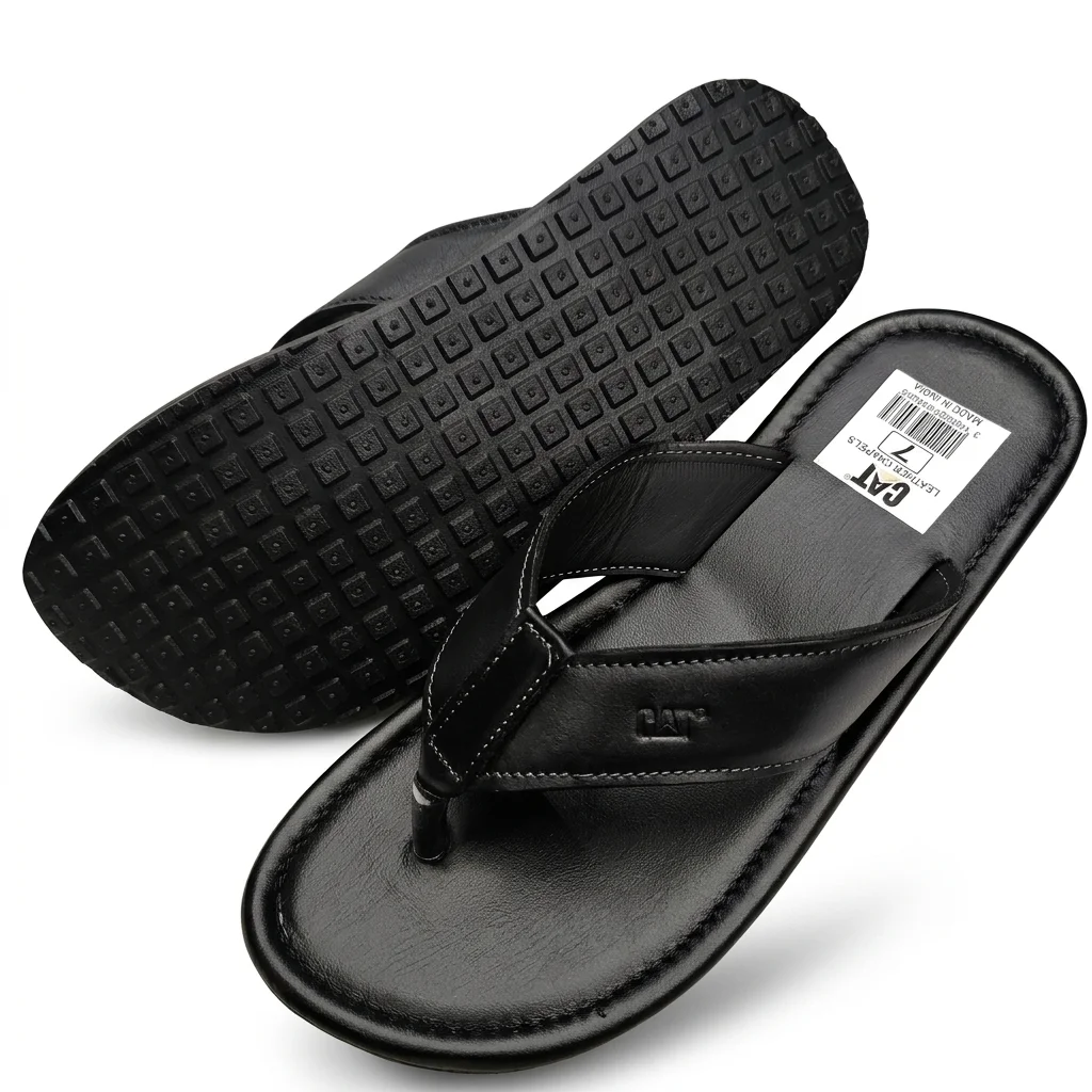Ambur Leather CAT Men's Premium Rugged Leather Flip-Flops - Black
