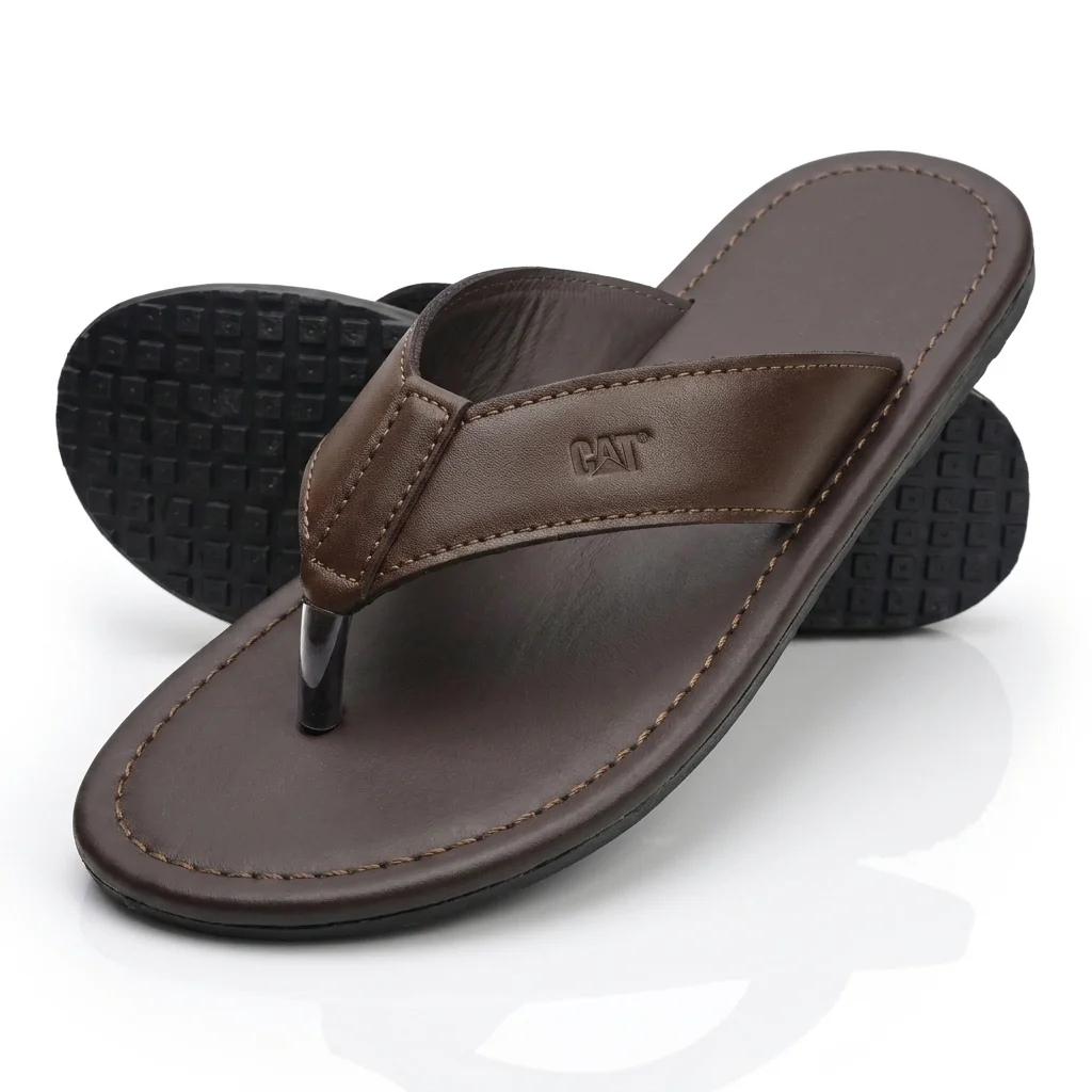 Ambur Leather CAT Men's Premium Rugged Leather Slim Flip-Flops - Brown