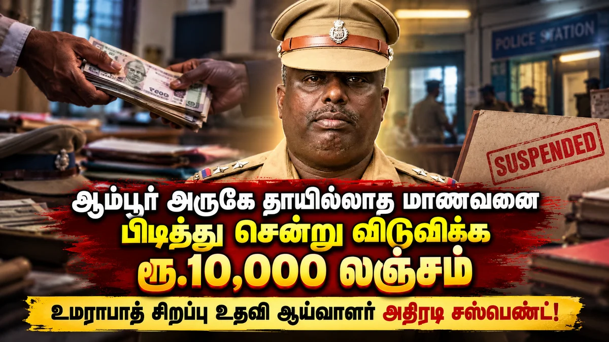 ஆம்பூர் அருகே தாயில்லாத மாணவனை பிடித்து சென்று விடுவிக்க ரூ.10,000 லஞ்சம்: உமராபாத் சிறப்பு உதவி ஆய்வாளர் அதிரடி சஸ்பெண்ட்!