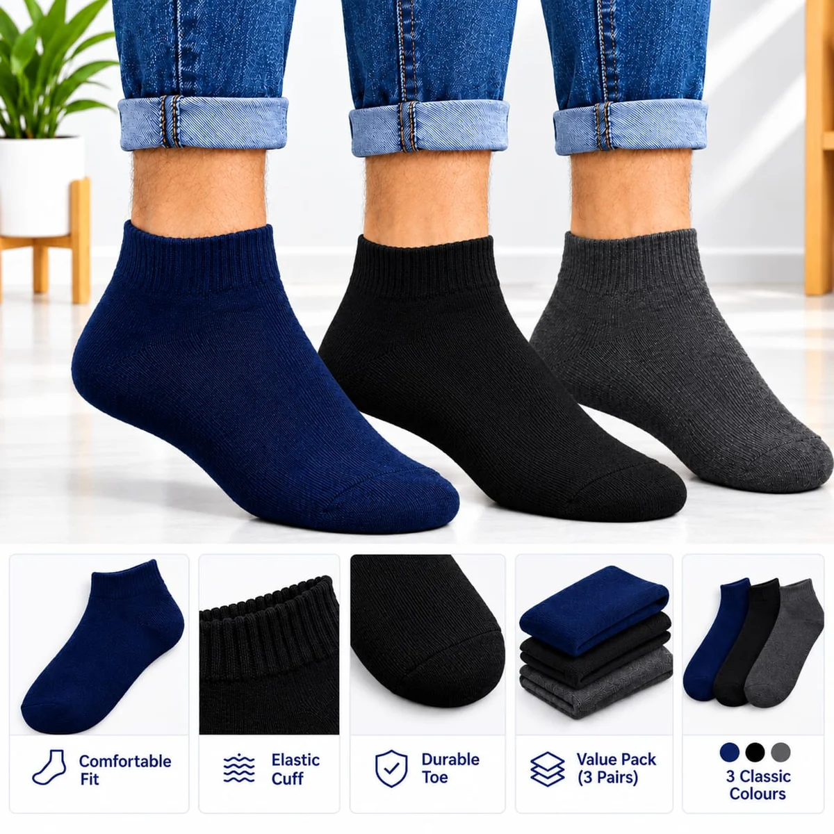 Pack of 3 Pairs Ankle Length Cotton Blend Socks for Men, Soft Breathable Casual Daily Wear Socks in Black, Navy Blue & Charcoal