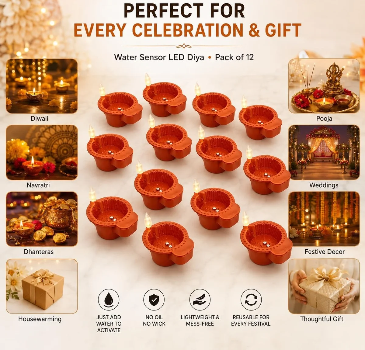 Pack of 12 Water Sensor Diya, Automatic LED Flameless Diya's for Diwali Decoration, Pooja & Home Decor 4