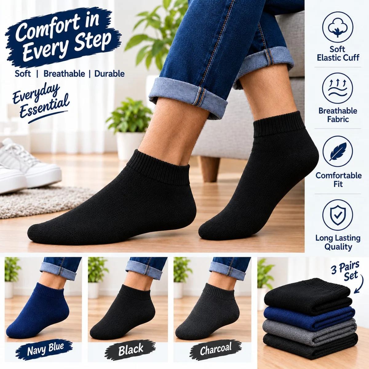 Pack of 3 Pairs Ankle Length Cotton Blend Socks for Men, Soft Breathable Casual Daily Wear Socks in Black, Navy Blue & Charcoal 4