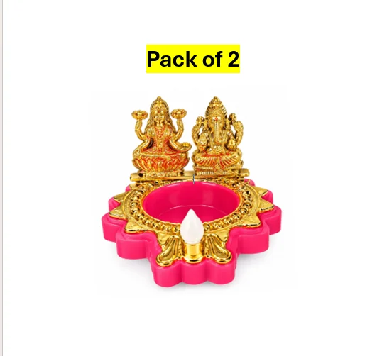 Pack of 2 Laxmi Ganesha Water Sensor LED Lamp Diya with Gold Finish for Diwali Pooja Decoration, Home Decor & Gift