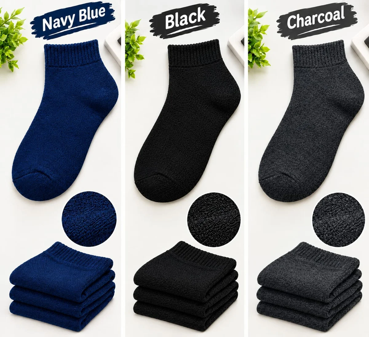 Pack of 3 Pairs Ankle Length Cotton Blend Socks for Men, Soft Breathable Casual Daily Wear Socks in Black, Navy Blue & Charcoal 2