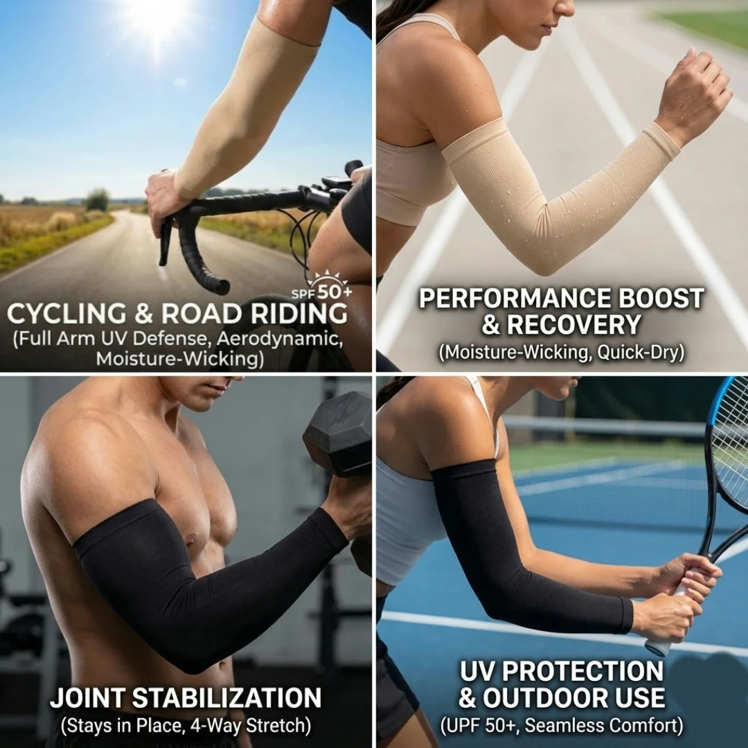 Pack of 2 UV Protection Arm Sleeves for Women & Men for Driving, Cycling, Outdoor Sports, Full Arm Coverage, Black & Beige 3