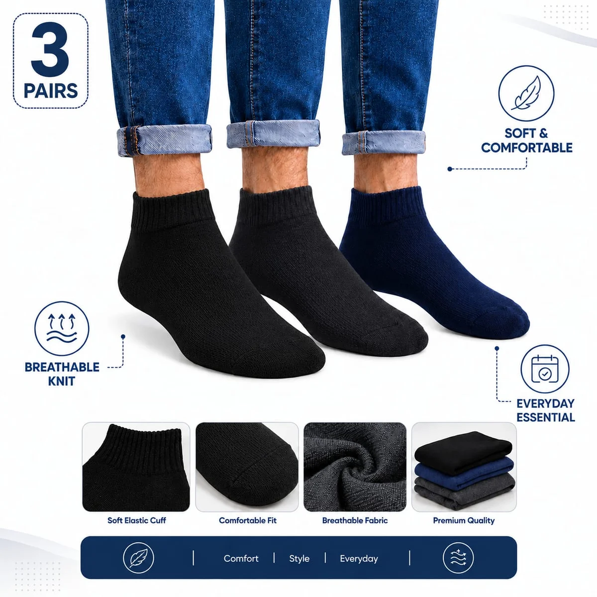 Pack of 3 Pairs Ankle Length Cotton Blend Socks for Men, Soft Breathable Casual Daily Wear Socks in Black, Navy Blue & Charcoal 3