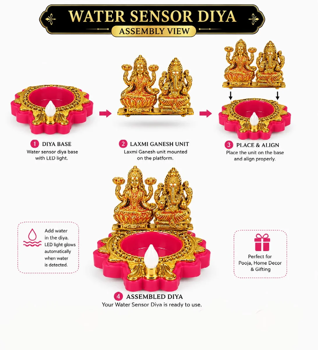 Pack of 2 Laxmi Ganesha Water Sensor LED Lamp Diya with Gold Finish for Diwali Pooja Decoration, Home Decor & Gift 3