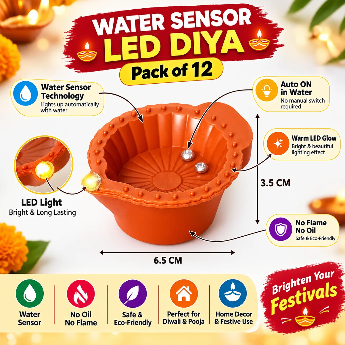 Pack of 12 Water Sensor Diya, Automatic LED Flameless Diya's for Diwali Decoration, Pooja & Home Decor 5