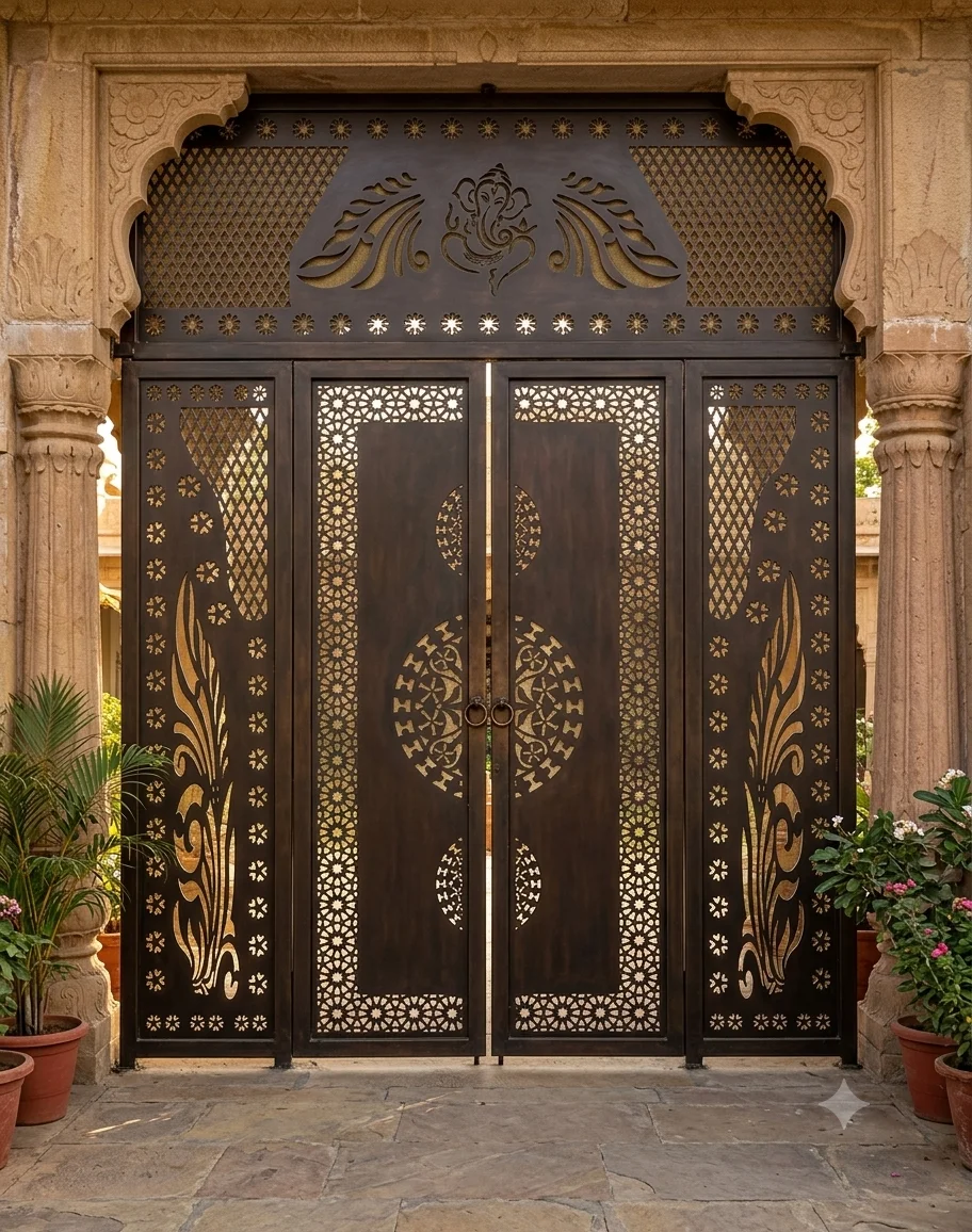 Ganesha Transom Islamic Jali Door Design with Feather Side Panels - Laser Cut Entrance | DXF / SVG / CDR