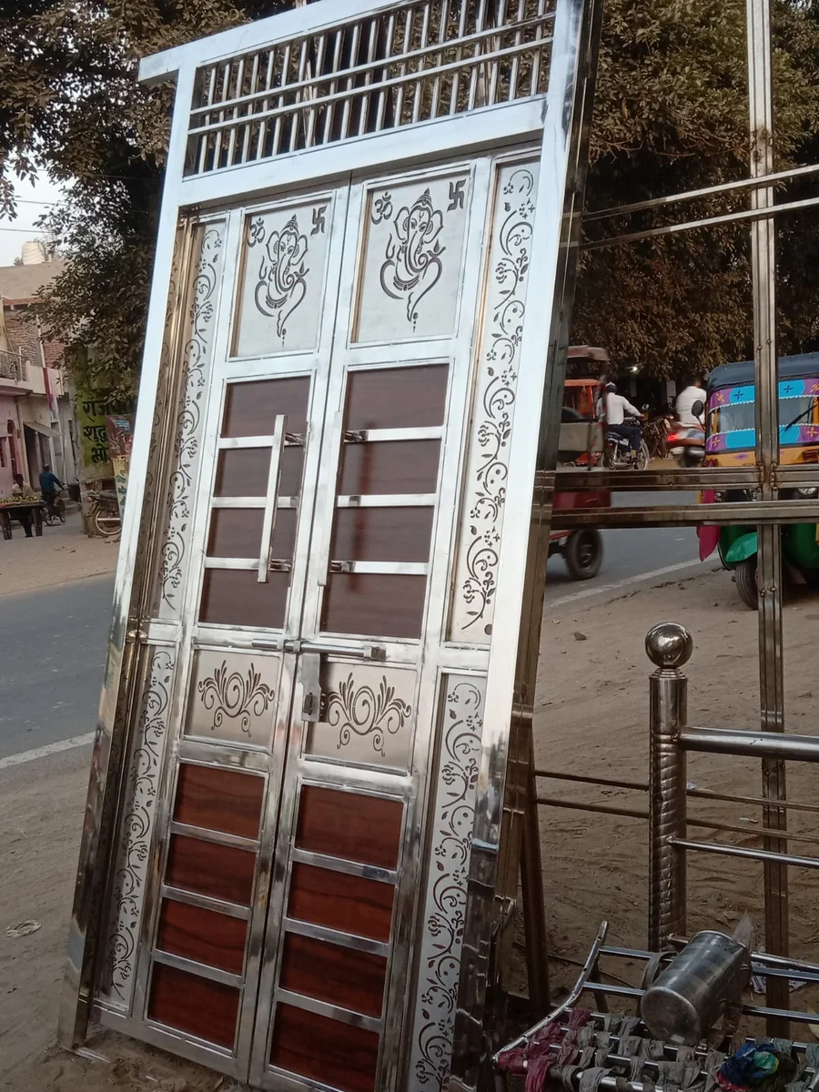 Ganesha Om Swastik Floral Border Main Door Design - Laser Cut Stainless Steel Door | DXF / SVG / CDR
