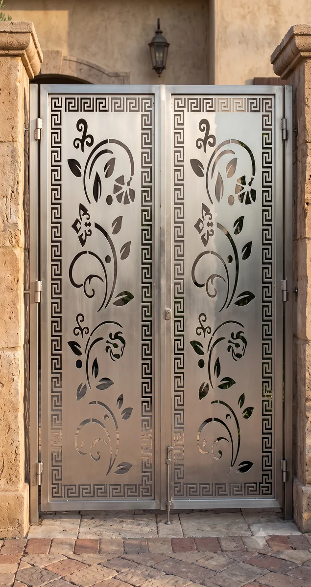 Modern Symmetrical Double Gate Floral Vine & Greek Key Border – CNC Laser / Plasma Cut Vector Design (DXF / SVG / CDR)