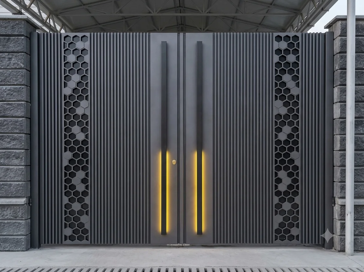 Modern Luxury Double Entrance Gate with Hexagon Honeycomb Lattice & Vertical Slats – CNC Laser / Plasma Cut Vector Design (DXF / SVG / CDR)