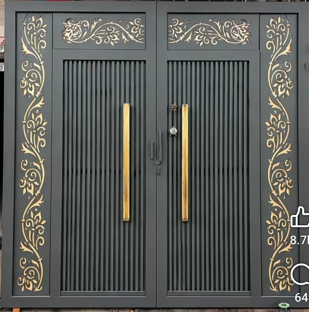 Modern Luxury Double Entrance Gate with Vertical Fluted Slats & Floral Scroll Borders – CNC Laser / Plasma Cut Vector Design (DXF / SVG / CDR)