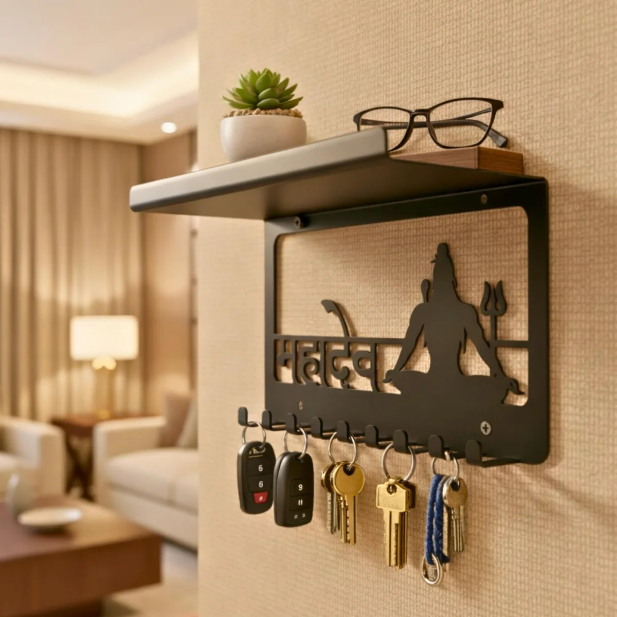 Metal Mahadev Key Holder with Shelf & Mobile Stand | 9 Hooks Key Hanger Wall Mount No Drill | Multipurpose Key Rack Organizer for Home Entryway Kitchen | Decorative Wall Shelf