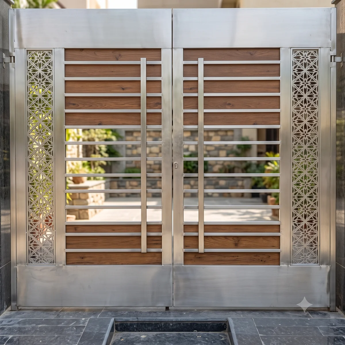 Modern Stainless Steel & Wood Finish Double Entrance Gate with Floral Jali Border Panels – CNC Laser Cut Vector Design (DXF / SVG / CDR)
