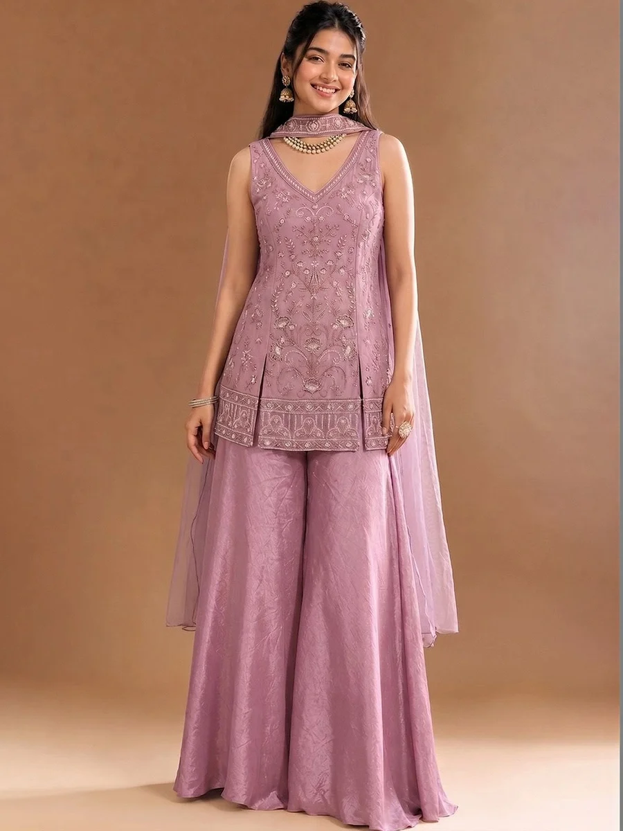 Varanga Women Ethnic Motifs Embroidered Panelled Kurta with Sharara & With Dupatta