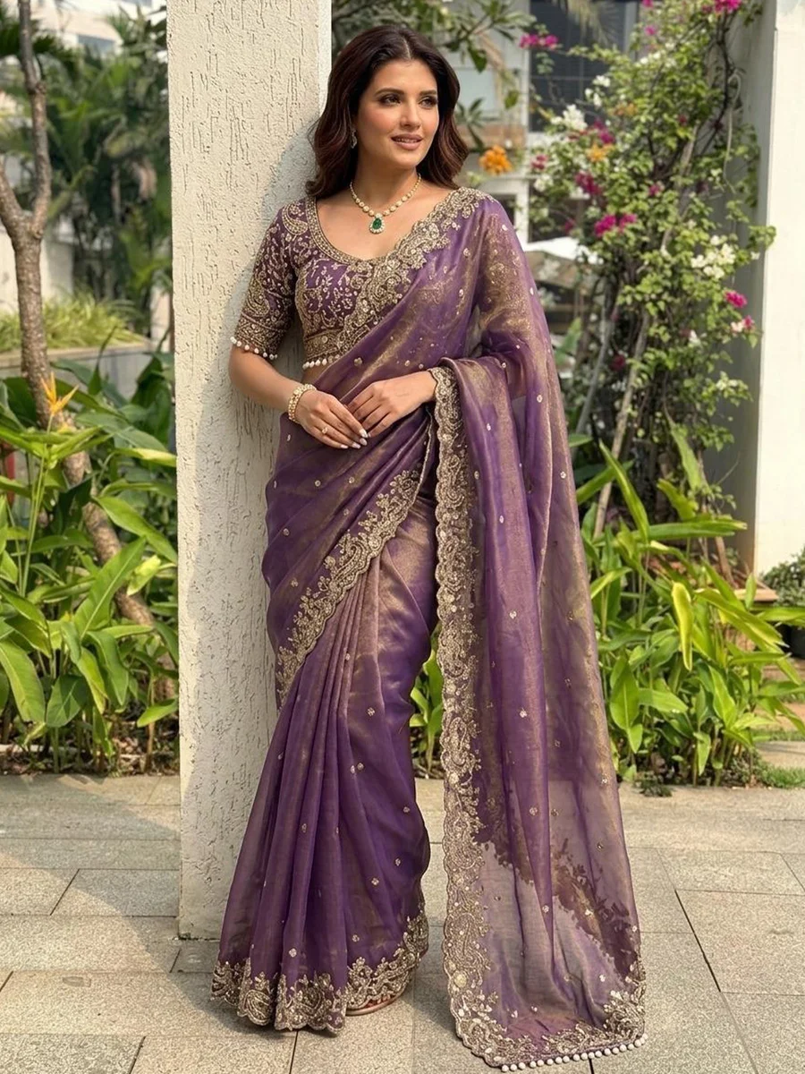 Sangria Embellished Embroidered Sequinned Sarees With Unstitched Blouse Piece