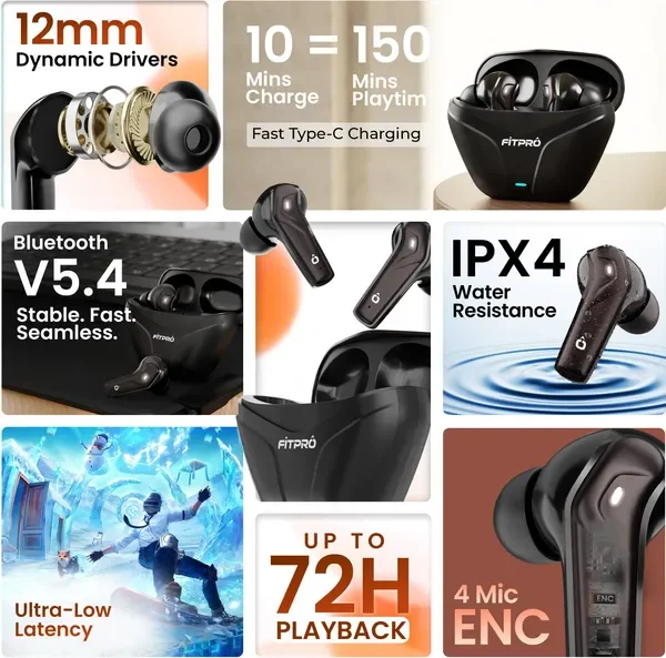 Fitpro X Flip Pods Earbuds With 72H Playback Ultra-Low Latency With 4 Mic Enc, 5.4V Bluetooth (Black, True Wireless) 2