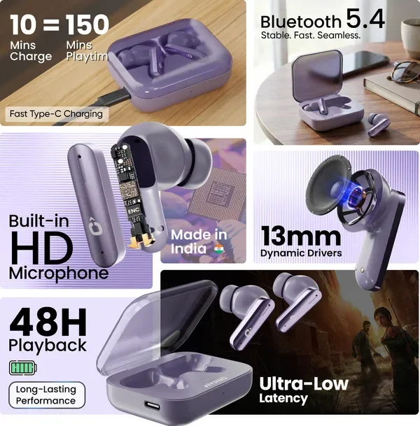 Fitpro Air 7 Tws Earbuds Bluetooth 48H Playtime, Deep Bass Noise & Smart Touch Control Bluetooth (Purple, True Wireless) 2
