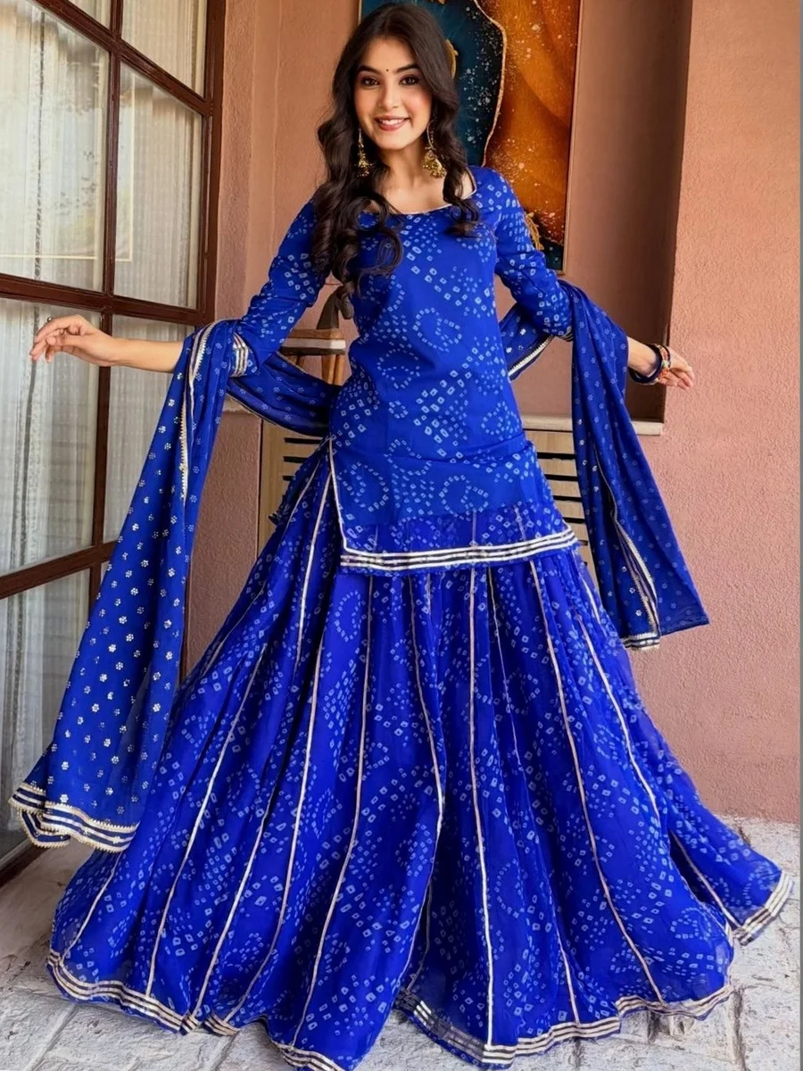 Kesudi Women Bandhani Printed Regular Silk Georgette Kurti with Sharara & With Dupatta