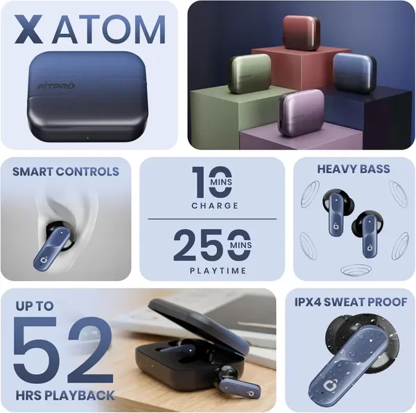 Fitpro X Atom Premium Tws Earbuds With Atom Audio, 52H Playback Bluetooth (Blue, True Wireless) 3