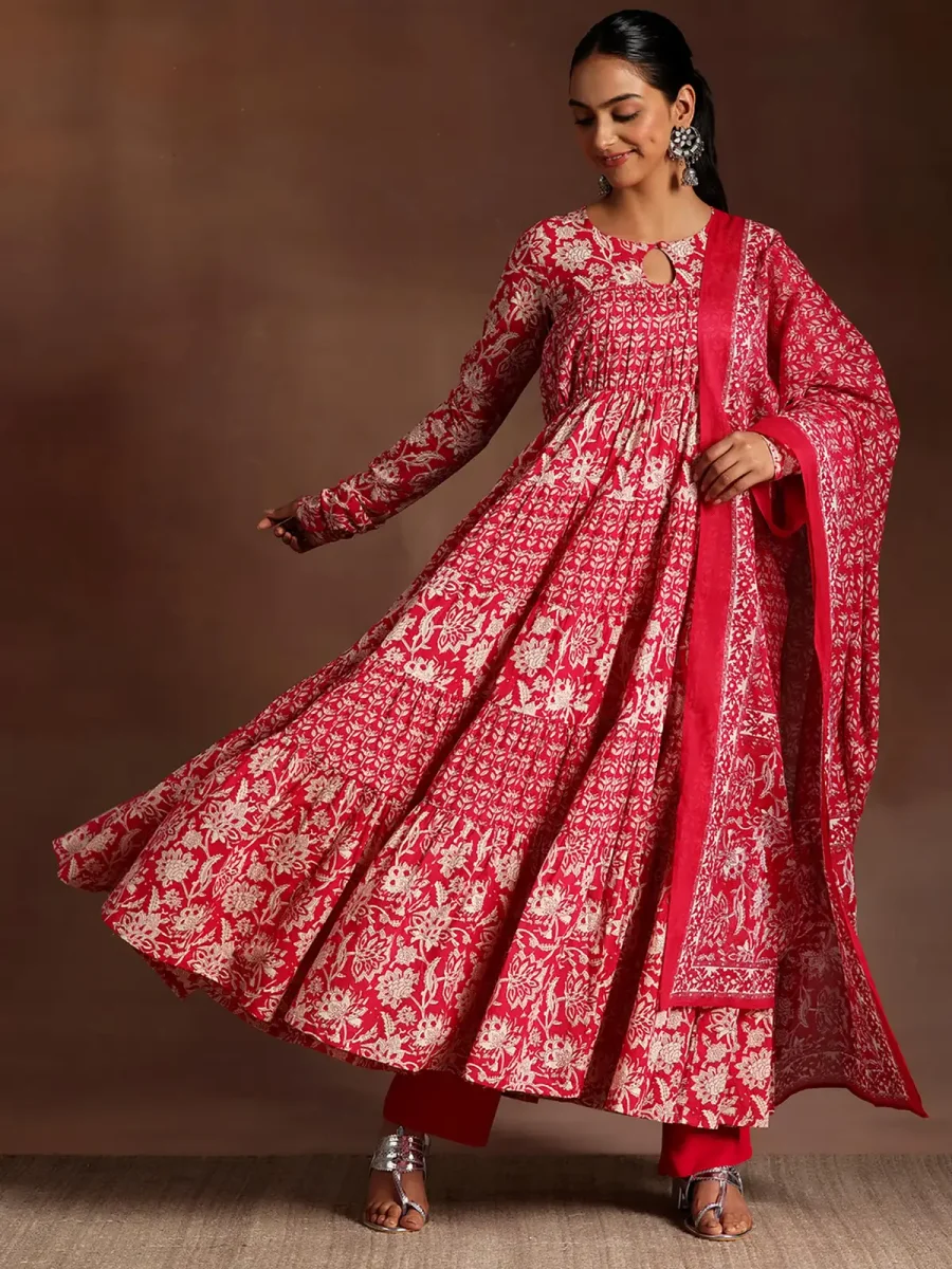 Libas Women Pink Floral Anarkali Kurta with Pant and Dupatta (Set of 3)