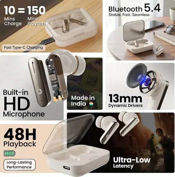Fitpro Air 7 Tws Earbuds Bluetooth 48H Playtime, Deep Bass Noise & Smart Touch Control Bluetooth (Beige, True Wireless) 2