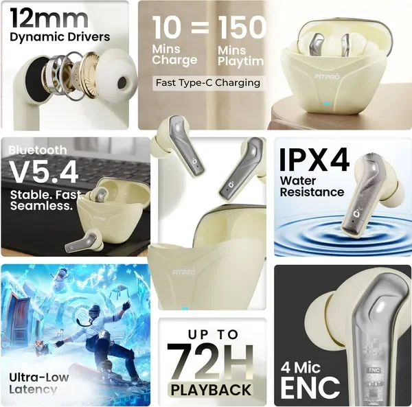 Fitpro X Flip Pods Earbuds With 72H Playback Ultra-Low Latency With 4 Mic Enc, 5.4V Bluetooth (Beige, True Wireless) 2