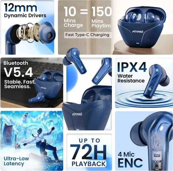 Fitpro X Flip Pods Earbuds With 72H Playback Ultra-Low Latency With 4 Mic Enc, 5.4V Bluetooth (Blue, True Wireless) 2