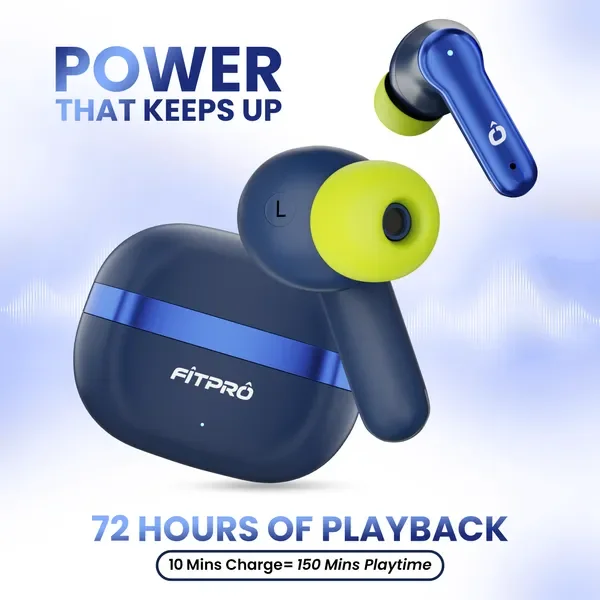 Fitpro True Wireless Bluetooth Earbuds With Charging Case - Blue And Neon Yellow 3