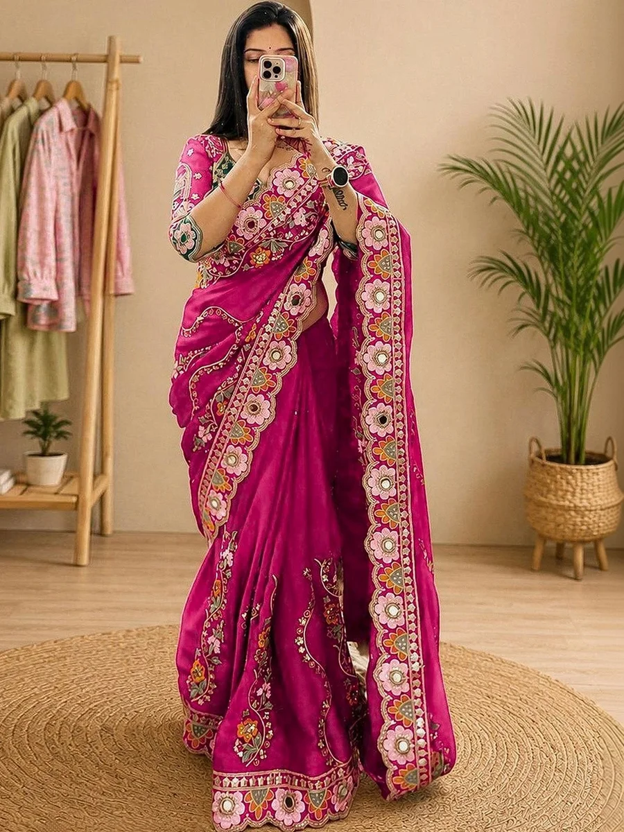 Anouk Embellished Floral Mirror Work Pure Georgette Designer Saree