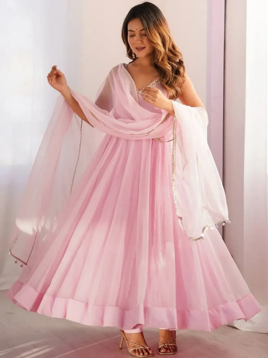 Wedani Pastel Pink Embroidered Flared Anarkali and Pant with Sheer Dupatta