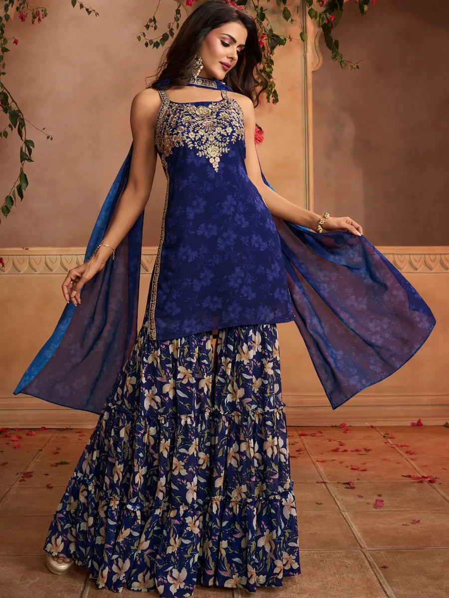 Inddus Women Floral Printed and Sequinned Embroidered Kurta & Sharara with Dupatta