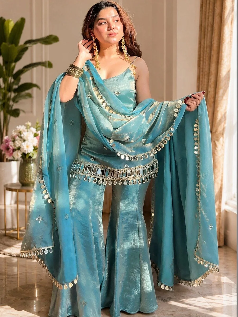 RangSetu Women Ethnic Motifs Embroidered Regular Mirror Work Kurti with Sharara & With Dupatta