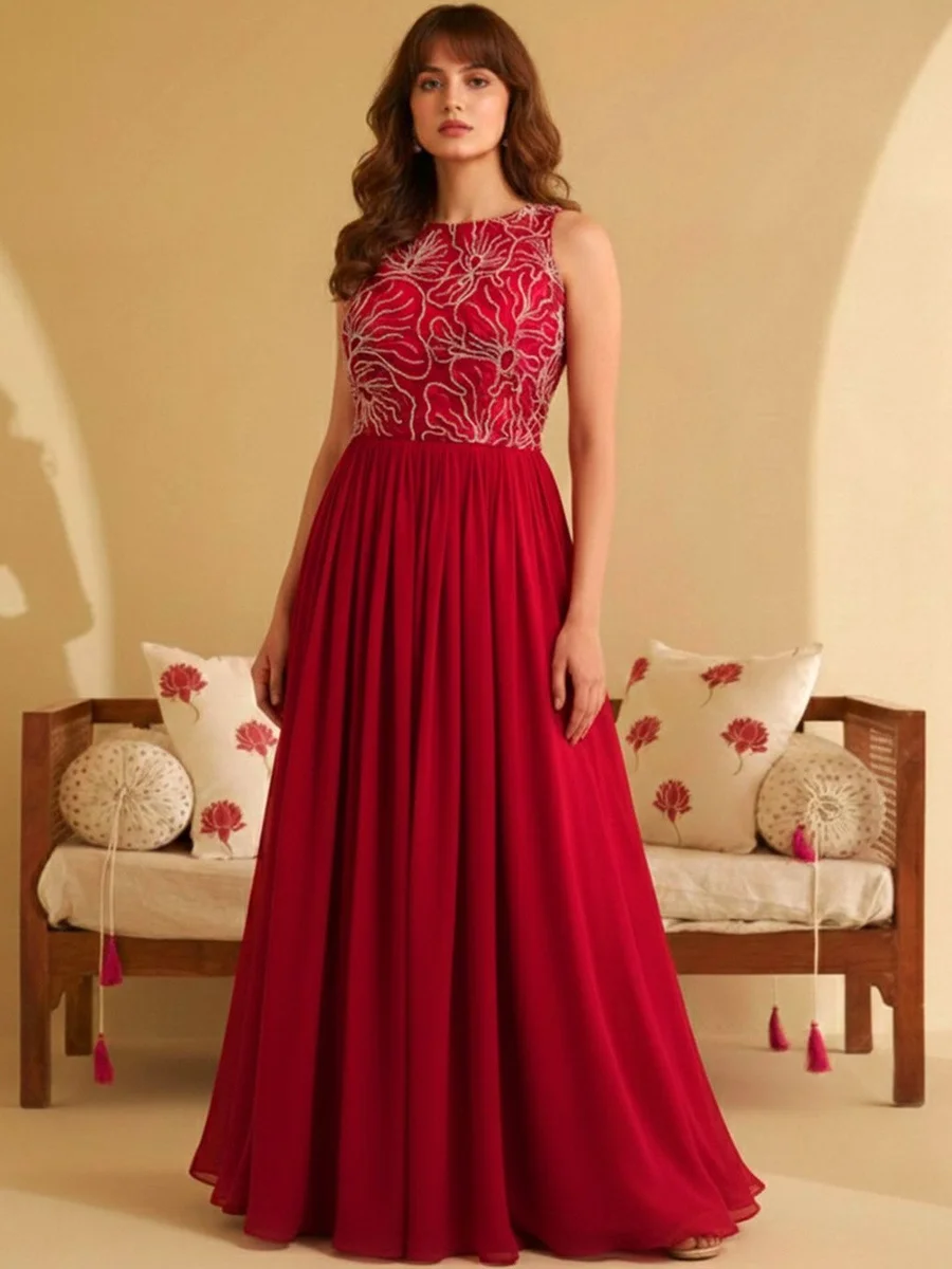 CHHAAP Red Embroidered Boat Neck Ethnic Dresses Silk Flared Dress