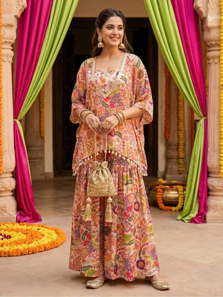 Multicolour Kitschy Printed Crop Top with Sharara and Kaftan