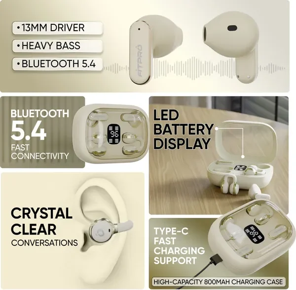 Fitpro Q10 Tws Wireless Earbuds | Twin-Couple Headphones | Bluetooth 5.4 Bluetooth (Beige, True Wireless) 2